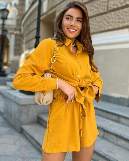 Women's Linen Two-Piece Set - Casual Shirt and Shorts