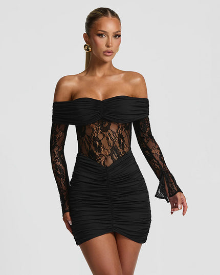 Damen schulterfreies Mini-Etuikleid mit Spitzen-Patchwork