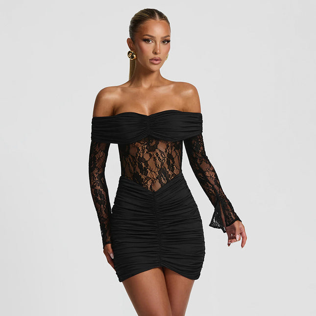 Damen schulterfreies Mini-Etuikleid mit Spitzen-Patchwork