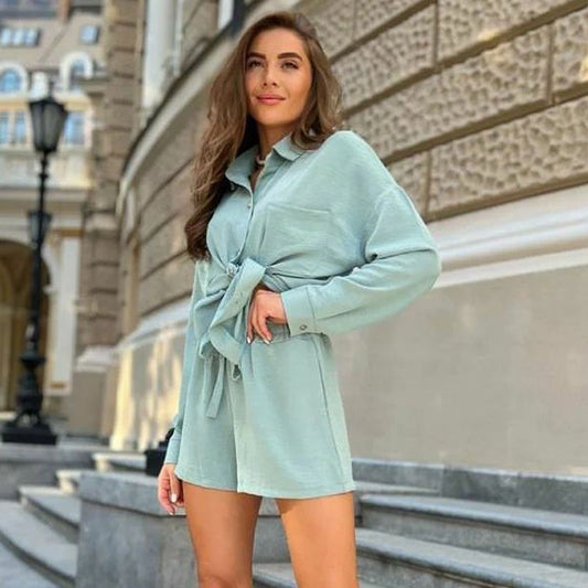 Women's Linen Two-Piece Set - Casual Shirt and Shorts
