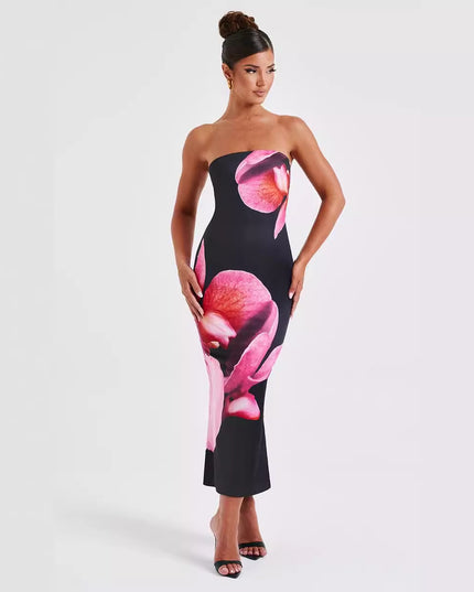 Printed Intellectual Temperament Drape Long Tube Top Sheath Dress