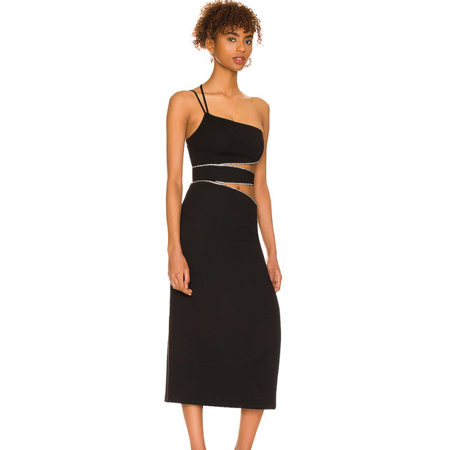 Damen Schwarzes Wickelkleid mit Strass-Einlage