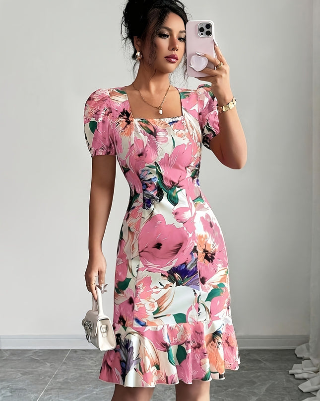 Damen Retro-Kleid mit eckigem Ausschnitt, Puffärmeln, Taillenbetonung und Rüschensaum