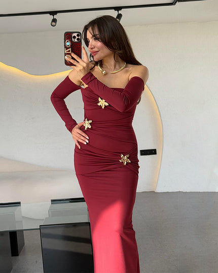 Damen plissiertes Langarmkleid modisches Slim-Kleid