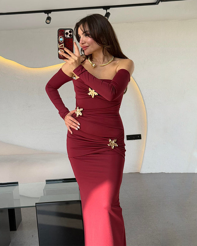 Damen plissiertes Langarmkleid modisches Slim-Kleid