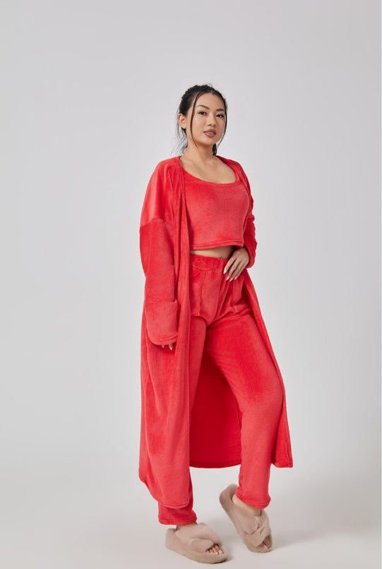 Mysigt pyjamas-set, loungewear-set i 3 delar, gulliga myskläder, varma kostymset, matchande set, lounge-set, byxset i 3 delar, vinterklänning för kvinnor