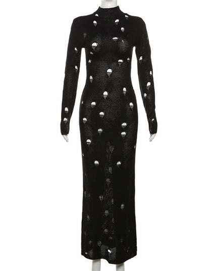 Hollow Knitted Cinched Dress - Black, High Waist
