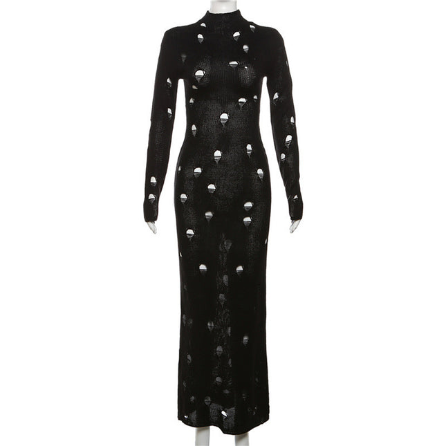 Ausgestelltes Strickkleid mit Raffung - Schwarz, hohe Taille