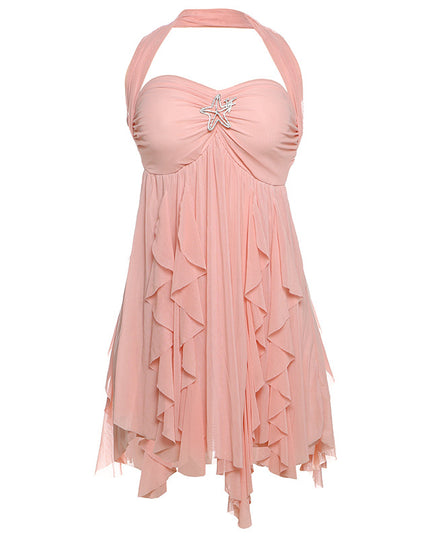 Ins Neckholder Rückenfreies Kleid Sommer Sexy Bedruckte Unregelmäßige Mesh Kurze Kleider Für Abend Party Club Damenbekleidung
