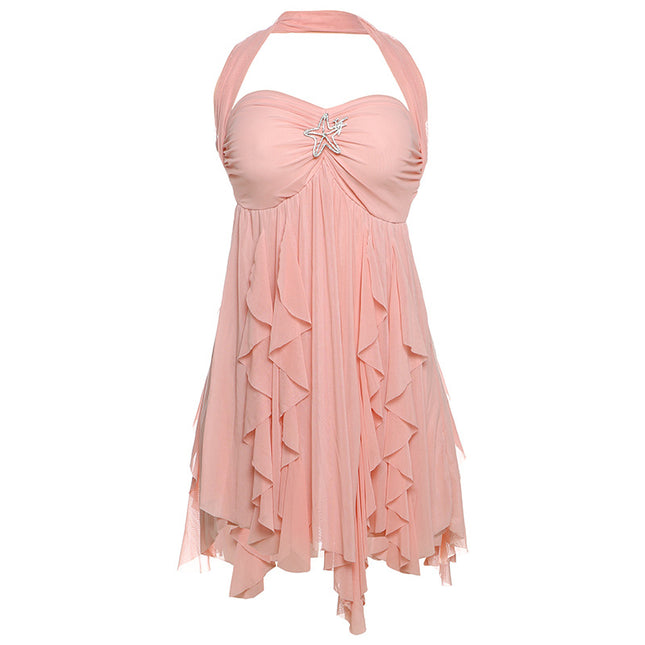 Ins Neckholder Rückenfreies Kleid Sommer Sexy Bedruckte Unregelmäßige Mesh Kurze Kleider Für Abend Party Club Damenbekleidung