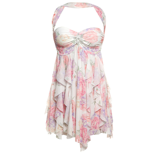 Ins Neckholder Rückenfreies Kleid Sommer Sexy Bedruckte Unregelmäßige Mesh Kurze Kleider Für Abend Party Club Damenbekleidung