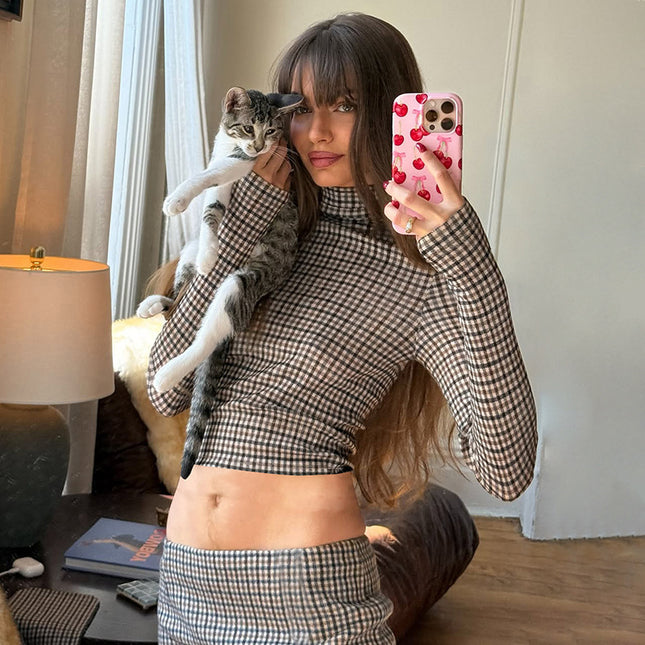 Mode Rutigt Tryck Långärmad Ståkrage Topp Slim Fit Mångsidig Lång Kjol Set