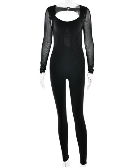 Dam helfärgad, högelastisk, åtsittande långärmad sportjumpsuit
