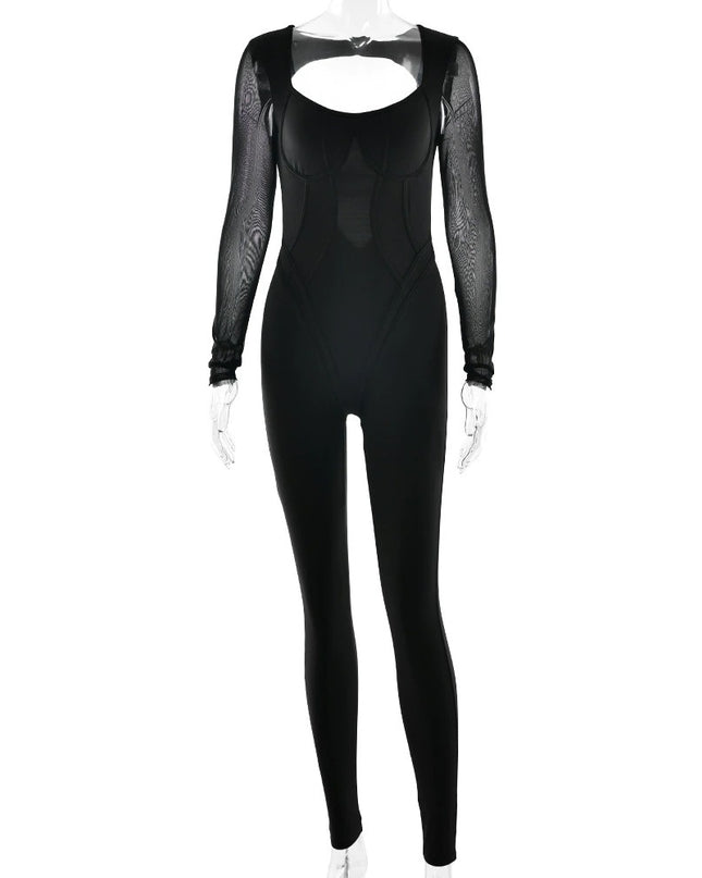 Dam helfärgad, högelastisk, åtsittande långärmad sportjumpsuit