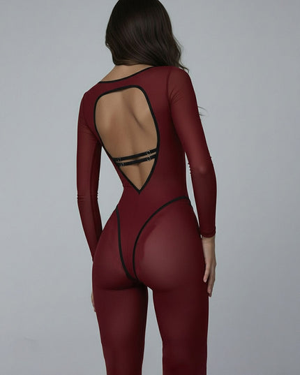 Dam helfärgad, högelastisk, åtsittande långärmad sportjumpsuit