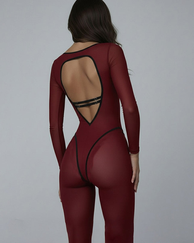 Dam helfärgad, högelastisk, åtsittande långärmad sportjumpsuit