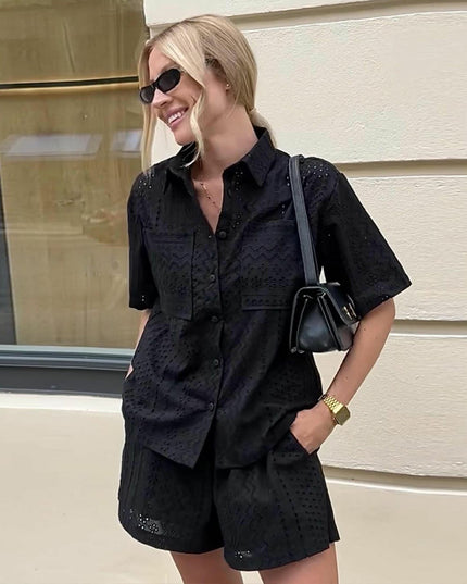 Women's Lace Lapel Shirt - Short Sleeve Fashion