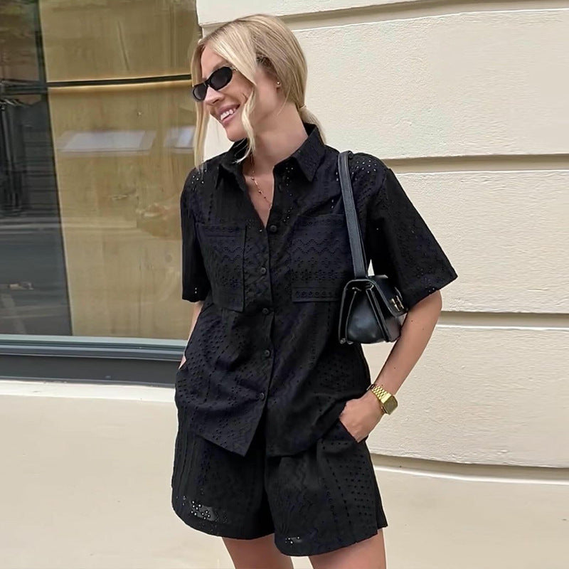 Women's Lace Lapel Shirt - Short Sleeve Fashion