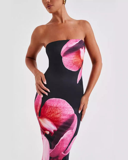 Printed Intellectual Temperament Drape Long Tube Top Sheath Dress