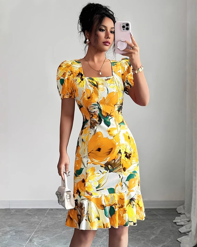 Damen Retro-Kleid mit eckigem Ausschnitt, Puffärmeln, Taillenbetonung und Rüschensaum
