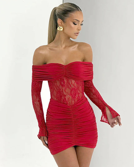 Damen schulterfreies Mini-Etuikleid mit Spitzen-Patchwork