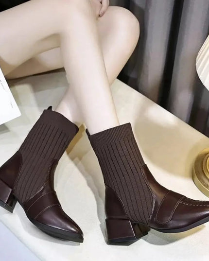 Stylish Black Elastic Boots with Chunky Heels and Square Toe for Women