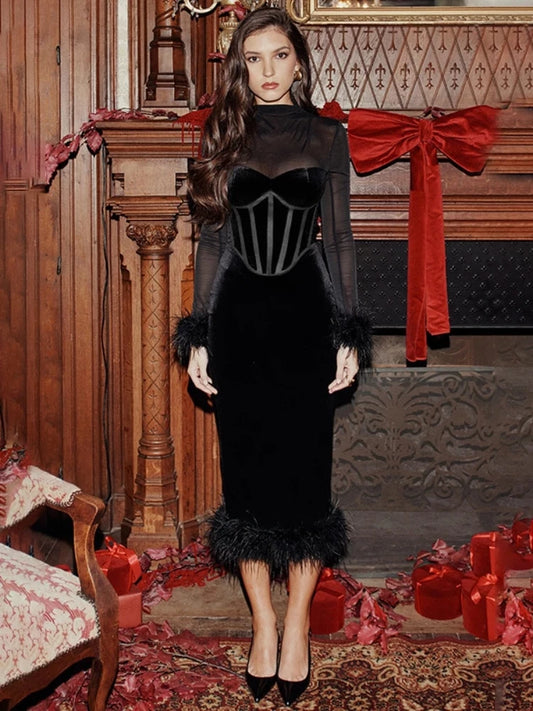 Elegant Evening Dress for Women: Bodycon Style with See-Through Mesh and Feather Accents