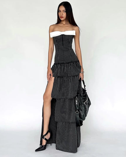 2024 Women's Summer Ruffled Tube Top & Skirt Set - Striped & Sexy for Parties & Clubs
