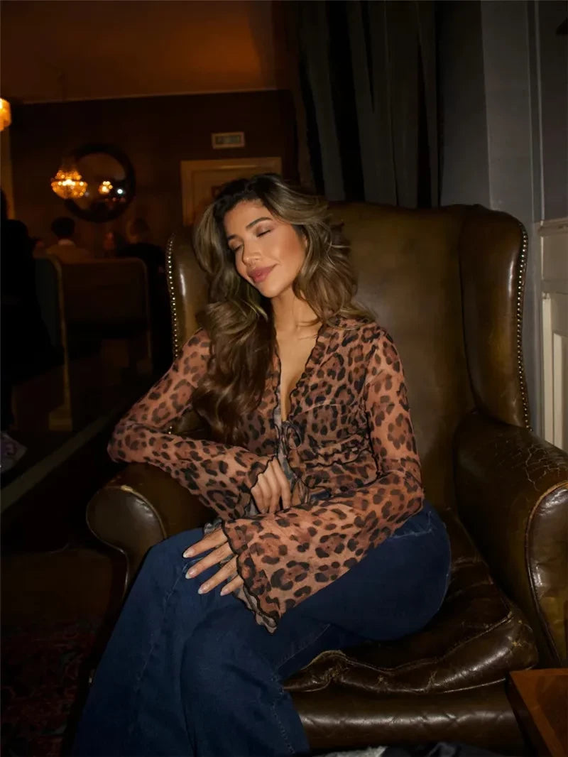Be Chic with Leopard Mesh Flare Sleeve Blouse - Get Yours Now!