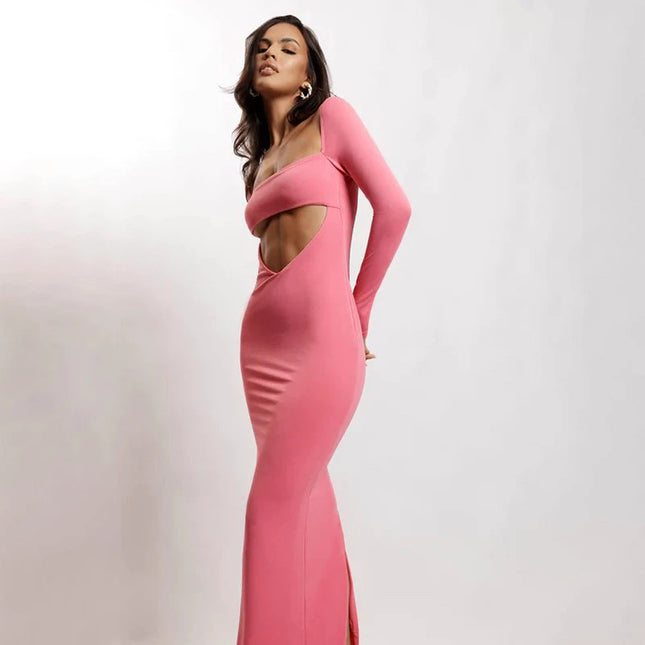 Eng anliegendes Kleid mit Cut-Outs und langen Ärmeln – Pink/Schwarz