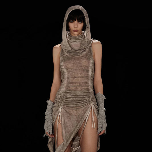 Sexy Turtleneck Hooded Dress with Waist-tight Cutout Slit