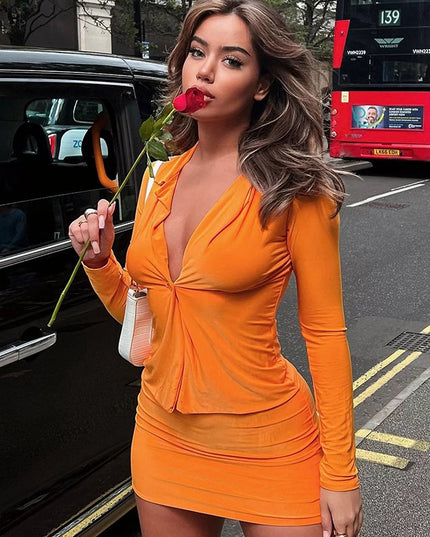 Women's Solid Color Lapel Long Sleeve T-shirt & Hip Skirt Combo