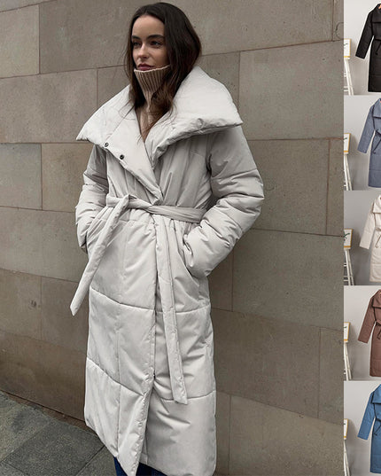 Fashion Large Lapel Long Coat Winter Warm Cotton Jacket With Pockets And Lace-up Design Casual Solid Color Thick Coat For Women Outwear Clothing