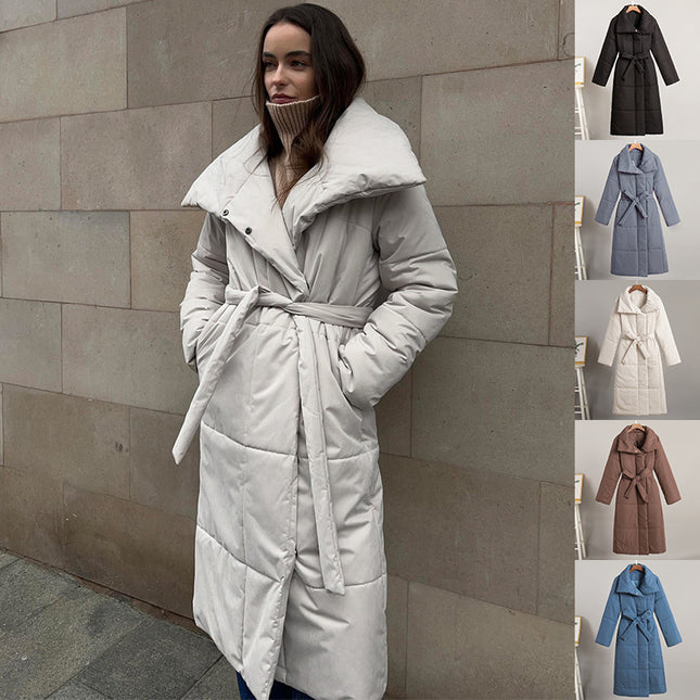 Mode Großer Revers-Langmantel Winter Warme Baumwolljacke mit Taschen und Schnürdesign Lässiger einfarbiger dicker Mantel für Damen Oberbekleidung