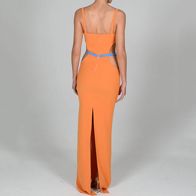 Damen orange-pinkes Neckholder-Kleid mit A-Linien-Rock