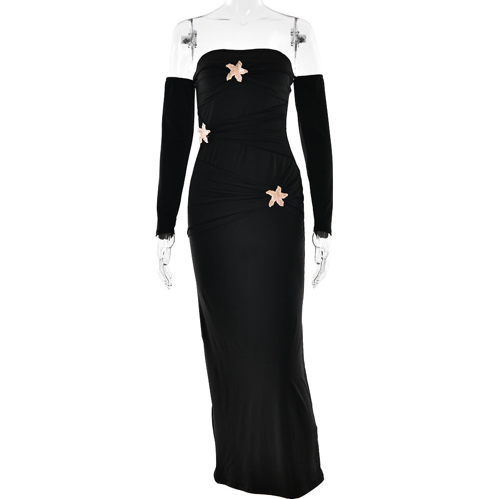 Women's Pleated Long-sleeved Dress Fashionable Slim Dress