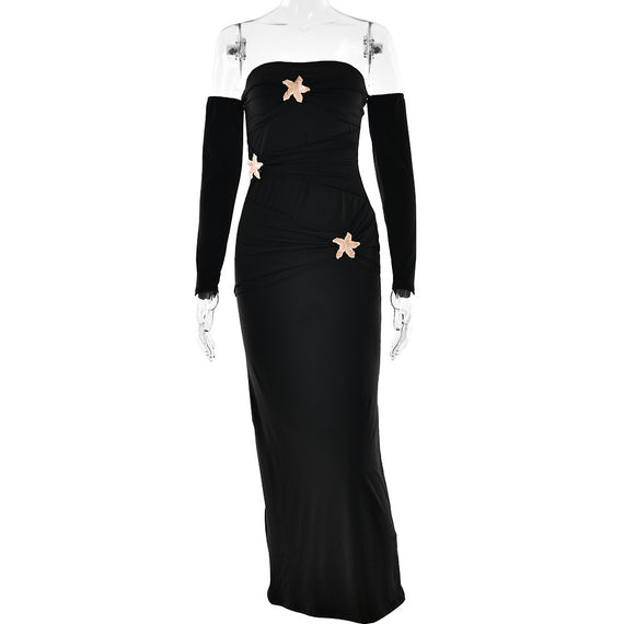 Women's Pleated Long-sleeved Dress Fashionable Slim Dress