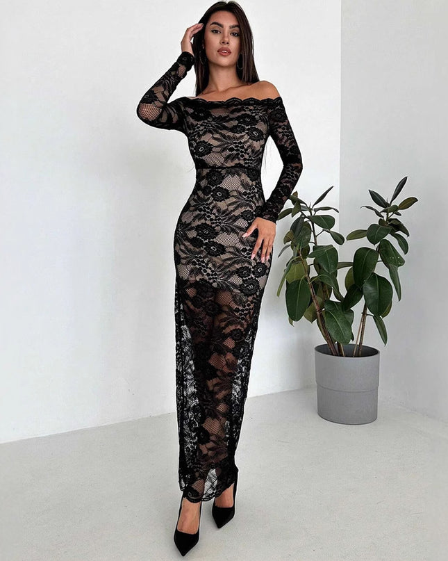 Damen Sexy Schwarzes Trägerloses Spitzen-Maxikleid