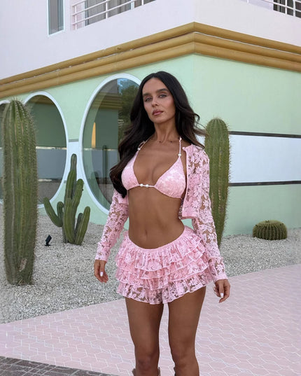 New Lace Mesh Coat Chest Cup Skirt Fashion Casual Three-piece Suit Women