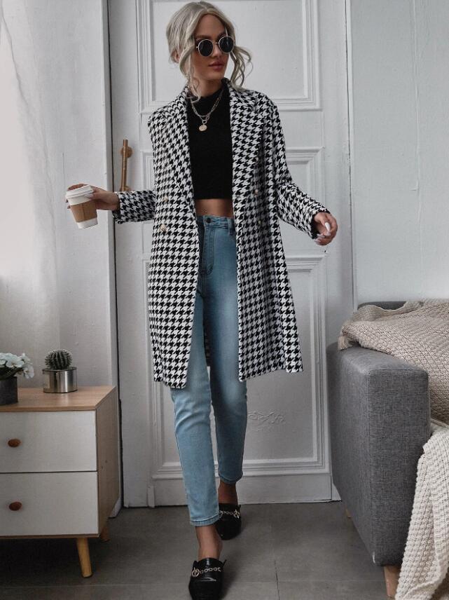 Double-Breasted Houndstooth Coat - Winter Casual Style