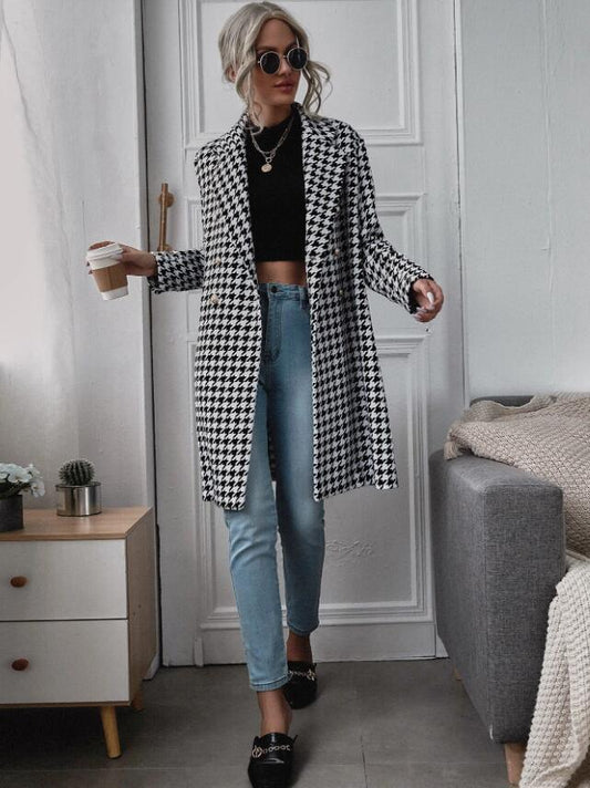 Double-Breasted Houndstooth Coat - Winter Casual Style