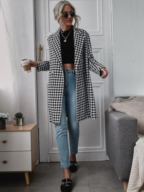 Double-Breasted Houndstooth Coat - Winter Casual Style