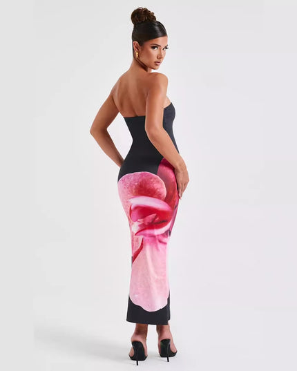 Printed Intellectual Temperament Drape Long Tube Top Sheath Dress