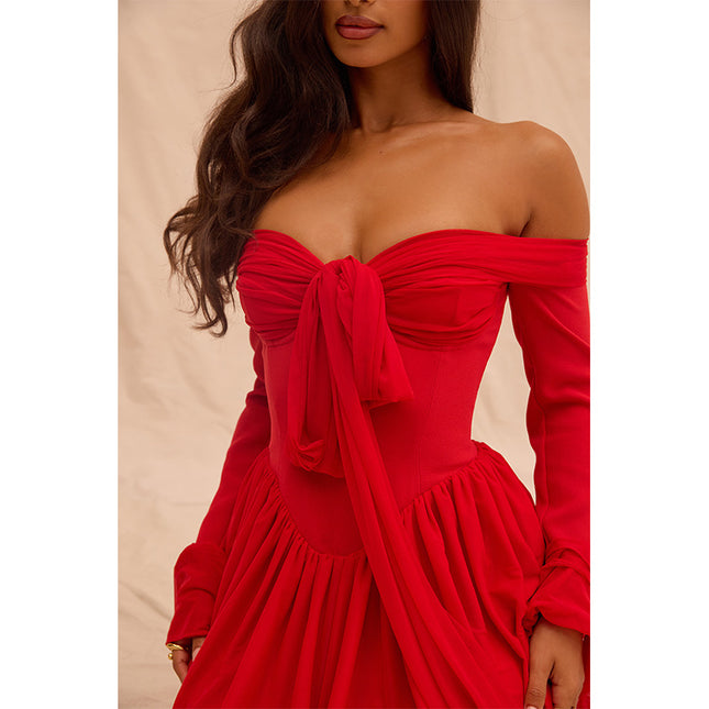 Damenmode Colorblock schulterfreies Kleid mit ausgestelltem Ärmel an der Taille