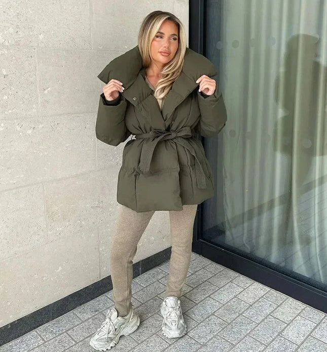 Winter verdickte Jacke Mode Revers Baumwollmantel mit Gürtel Warme Freizeit Oberbekleidung Damenbekleidung