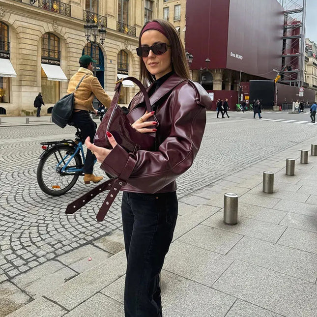 Lockere Revers-Lederjacke, bauchfreies Oberteil, Streetwear für Damenbekleidung