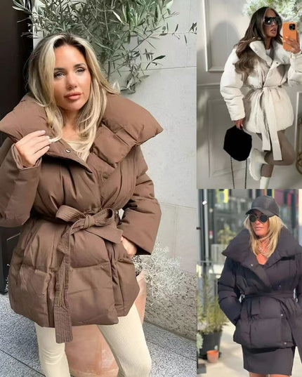 Winter verdickte Jacke Mode Revers Baumwollmantel mit Gürtel Warme Freizeit Oberbekleidung Damenbekleidung