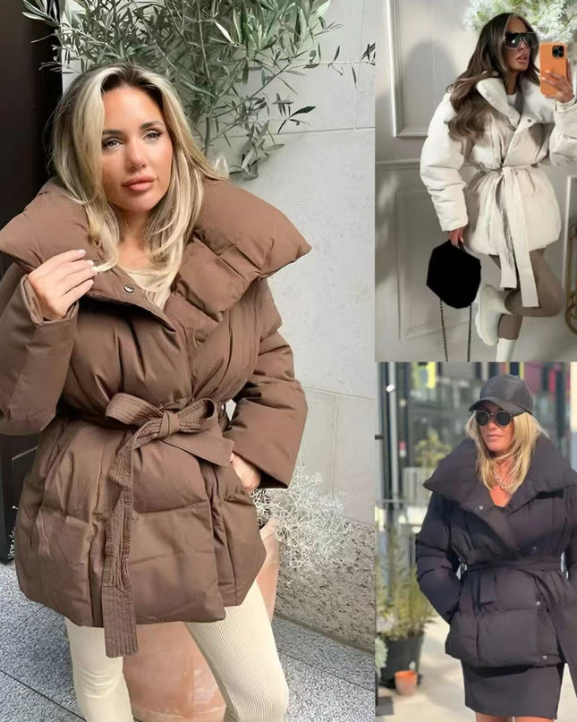 Winter verdickte Jacke Mode Revers Baumwollmantel mit Gürtel Warme Freizeit Oberbekleidung Damenbekleidung