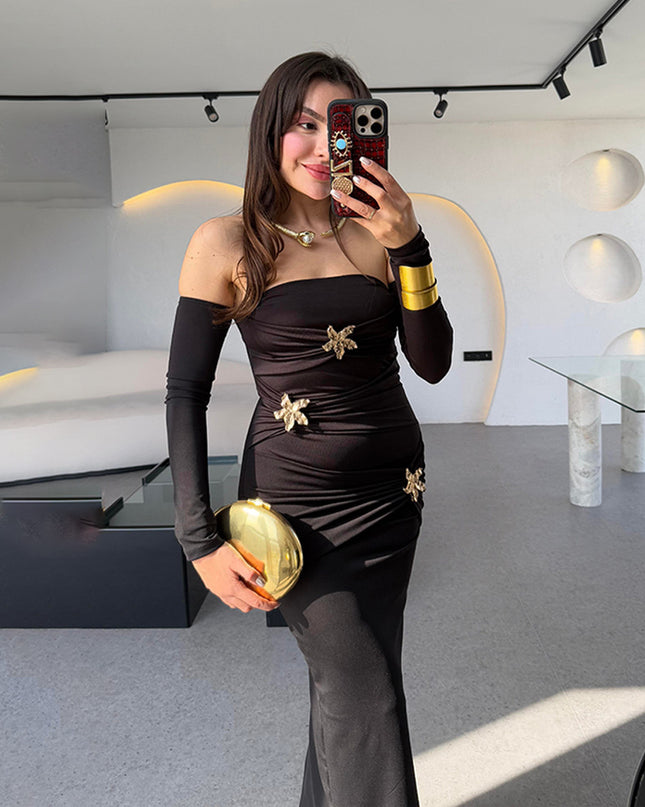 Damen plissiertes Langarmkleid modisches Slim-Kleid