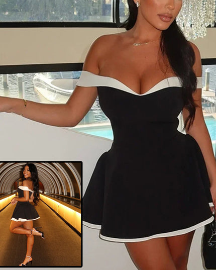 Kvinnors svartvita lapptäcks-sommarklänning Y2K Trend Slash Neck Rygglös Sweet Girl Chic rynkad mini-bodycon streetwear